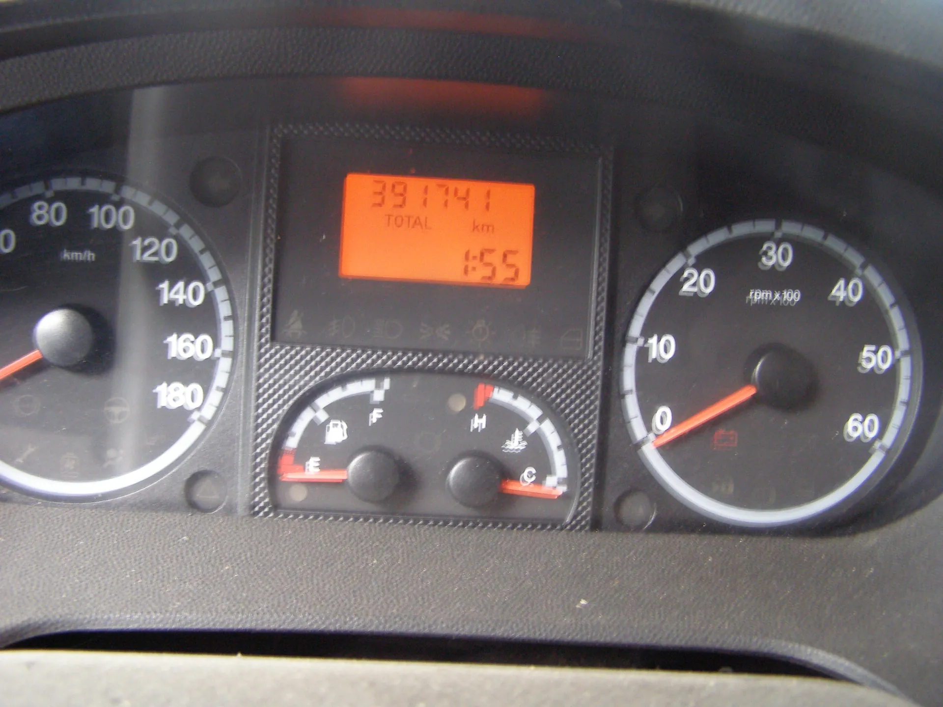 Tablica przyrządów samochodowych z prędkościomierzem do 180 km/h, cyfrowym wyświetlaczem pokazującym 391741 km (TOTAL) i 1:55, wskaźnikiem paliwa, temperatury oraz tachometrem do 60 (rpm x100). Widoczne symbole ostrzegawcze.