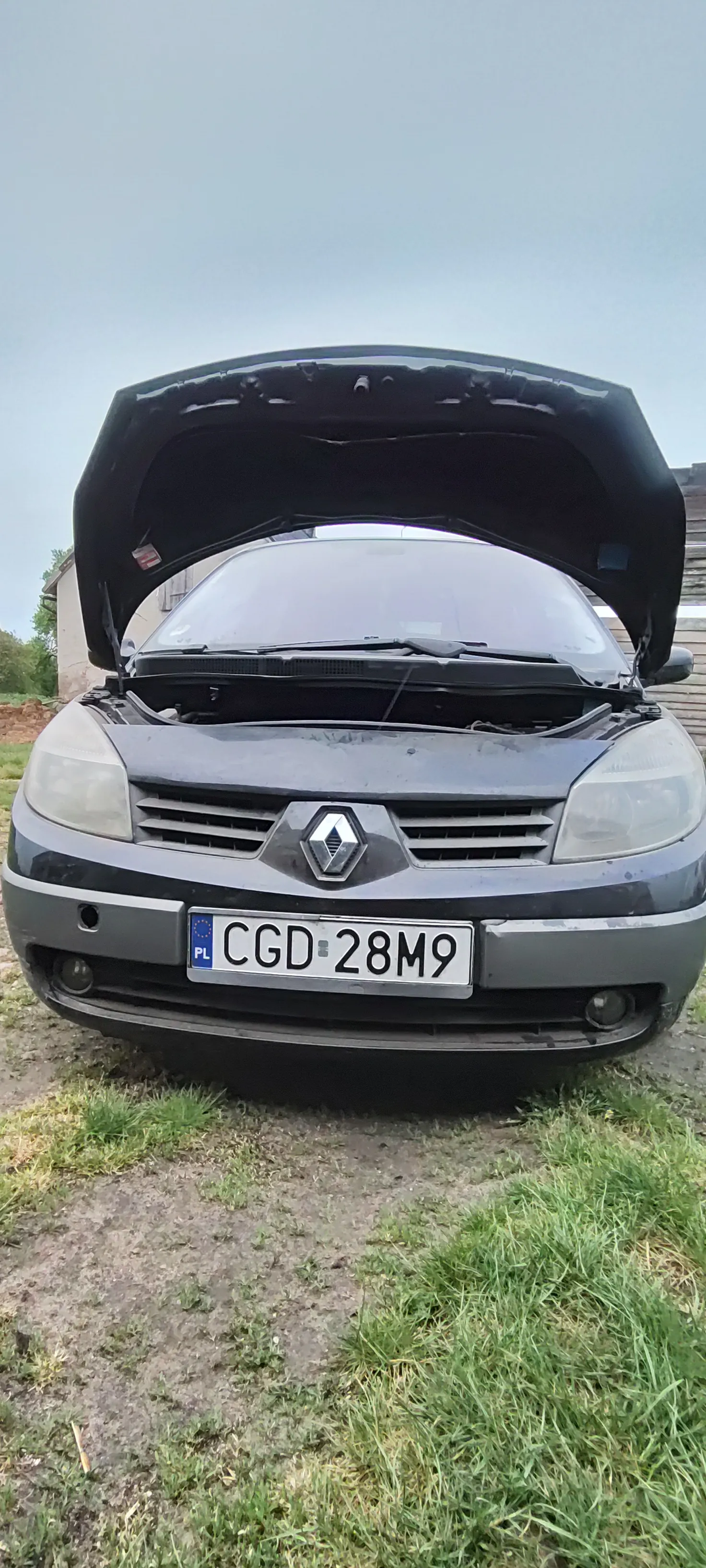 Czarny samochód marki Renault z otwartą maską, widok od przodu. Tablica rejestracyjna z napisem CGD 28M9 oraz oznaczeniem PL i flagą Unii Europejskiej. Samochód zaparkowany na trawie i ziemi, w tle budynek i jasne niebo.