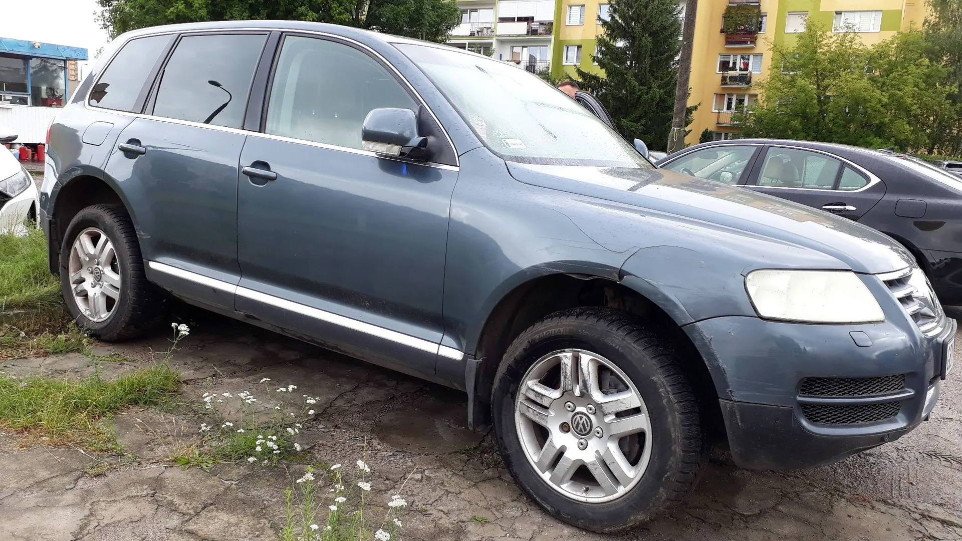 Szary samochód typu SUV marki Volkswagen zaparkowany na betonowym podłożu z kępami trawy i białymi kwiatami. Pojazd jest widoczny z profilu od strony pasażera. W tle widać fragmenty innych samochodów oraz wielopiętrowy budynek mieszkalny w kolorze żółtym i białym oraz zielone drzewa.