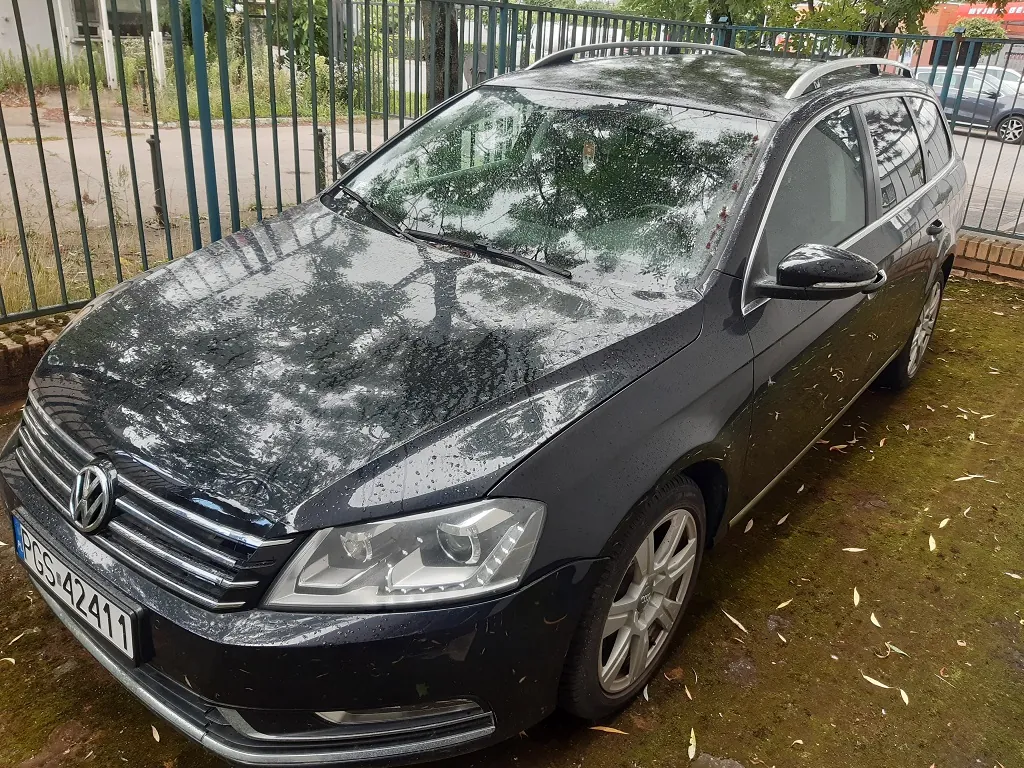 Czarny samochód marki Volkswagen w nadwoziu kombi, zaparkowany na podłożu z mchu i liści obok zielonego metalowego ogrodzenia. Na masce i karoserii widoczne są krople deszczu. Samochód posiada tablicę rejestracyjną o numerze PGS 42411.