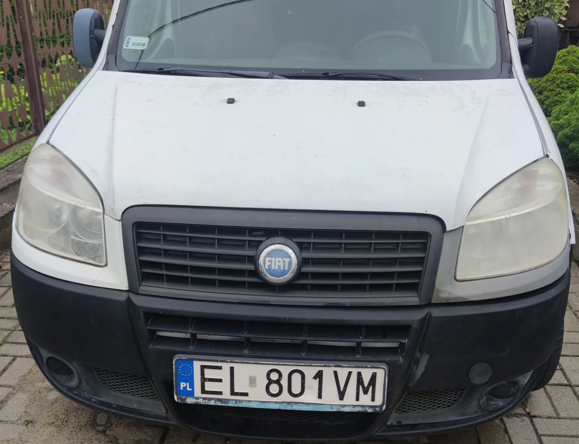 Widok z przodu białego samochodu marki Fiat. Pojazd posiada czarny grill z logo FIAT na środku oraz czarny zderzak. Tablica rejestracyjna ma numer EL 801VM i oznaczenie PL. Reflektory są lekko zmatowiałe.