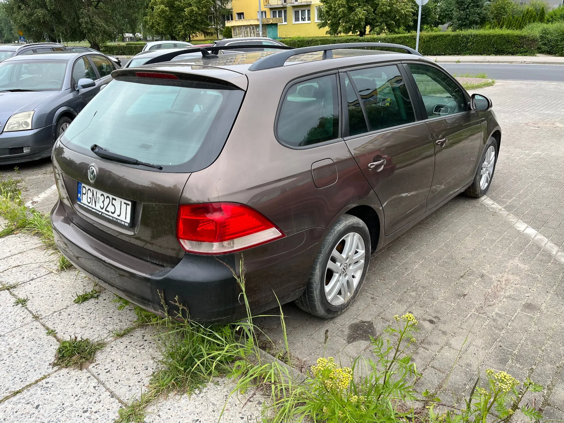 Brązowy samochód marki Volkswagen w nadwoziu kombi zaparkowany na kostce brukowej. Widoczna jest tylna część pojazdu z tablicą rejestracyjną o numerze PGN 325JT. W tle widać inne zaparkowane samochody, zieleń oraz fragment żółtego budynku.