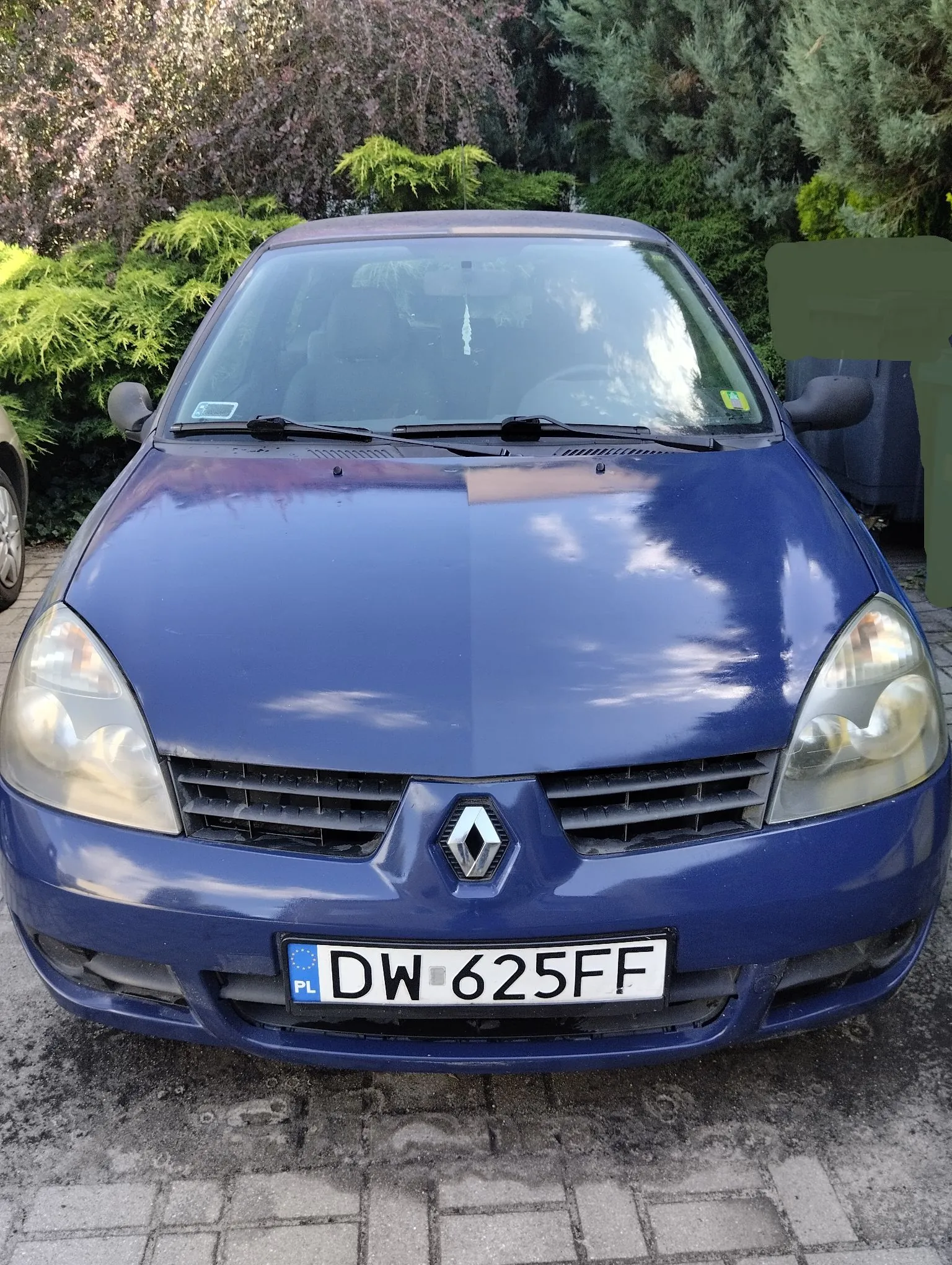 Niebieski samochód marki Renault widziany od przodu, zaparkowany na kostce brukowej. Na samochodzie widoczna jest polska tablica rejestracyjna o numerze DW 625FF. W tle znajdują się zielone krzewy i drzewa.