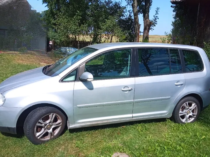 Srebrny samochód typu minivan zaparkowany na trawie. Pojazd jest pokazany z profilu od strony kierowcy. W tle widoczne są zielone drzewa, fragment budynku oraz kawałek pola pod niebem.