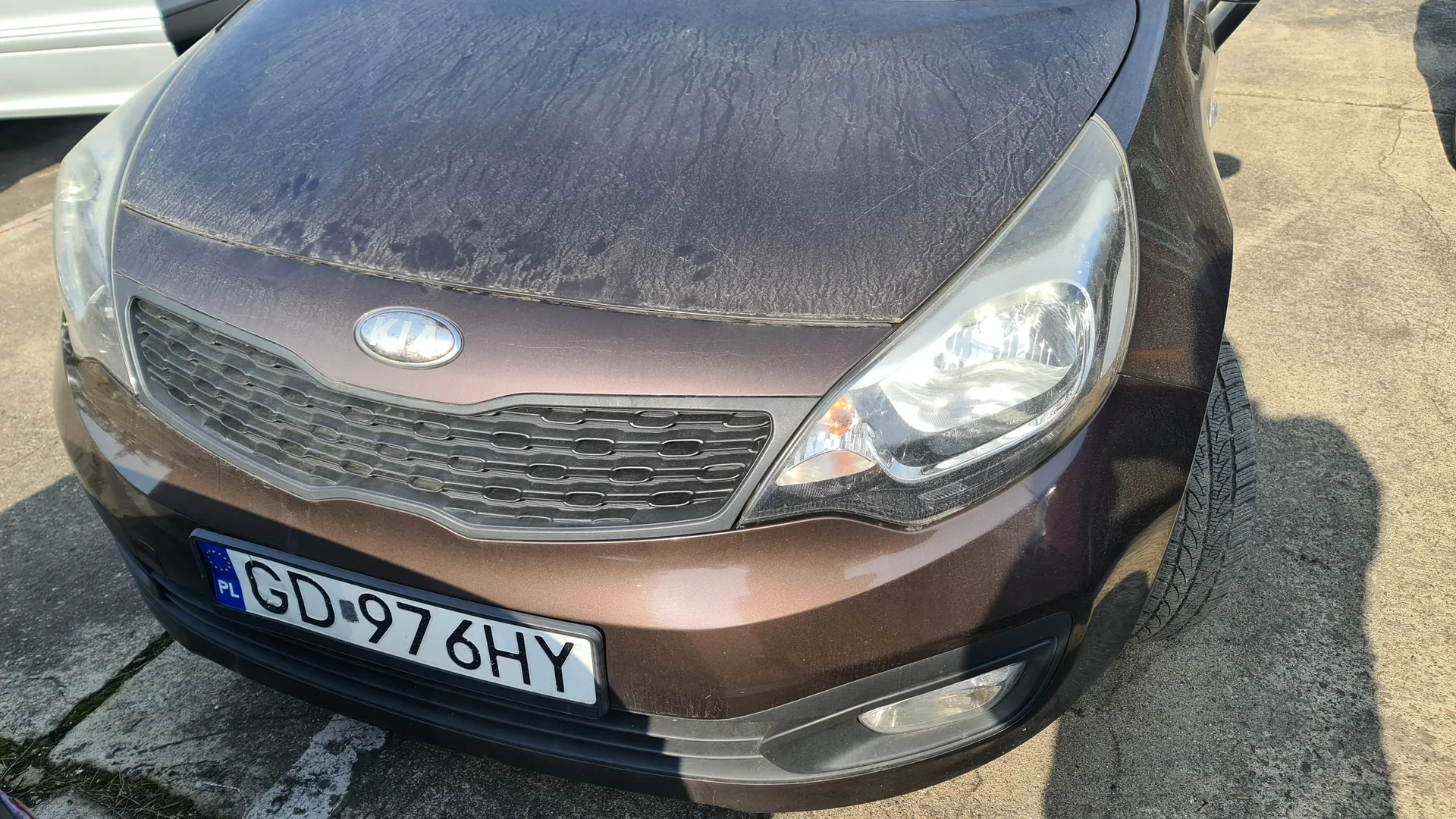 Przód brązowego samochodu marki Kia z widocznym logo na masce. Na masce znajdują się widoczne zadrapania i ślady. Tablica rejestracyjna z polskim kodem PL i numerem GD 97 6HY. Samochód zaparkowany na betonowej powierzchni, w tle fragment innego pojazdu po lewej stronie. Światła przednie i atrapa chłodnicy są wyraźnie widoczne.