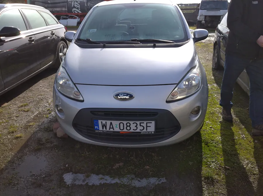 Przedni widok srebrnego samochodu marki Ford z tablicą rejestracyjną WA 0835F (PL). Po lewej stronie widoczny czarny samochód, po prawej osoba w ciemnej kurtce i dżinsach. Tło z innymi pojazdami i ogrodzeniem. Podłoga z trawą i błotem.