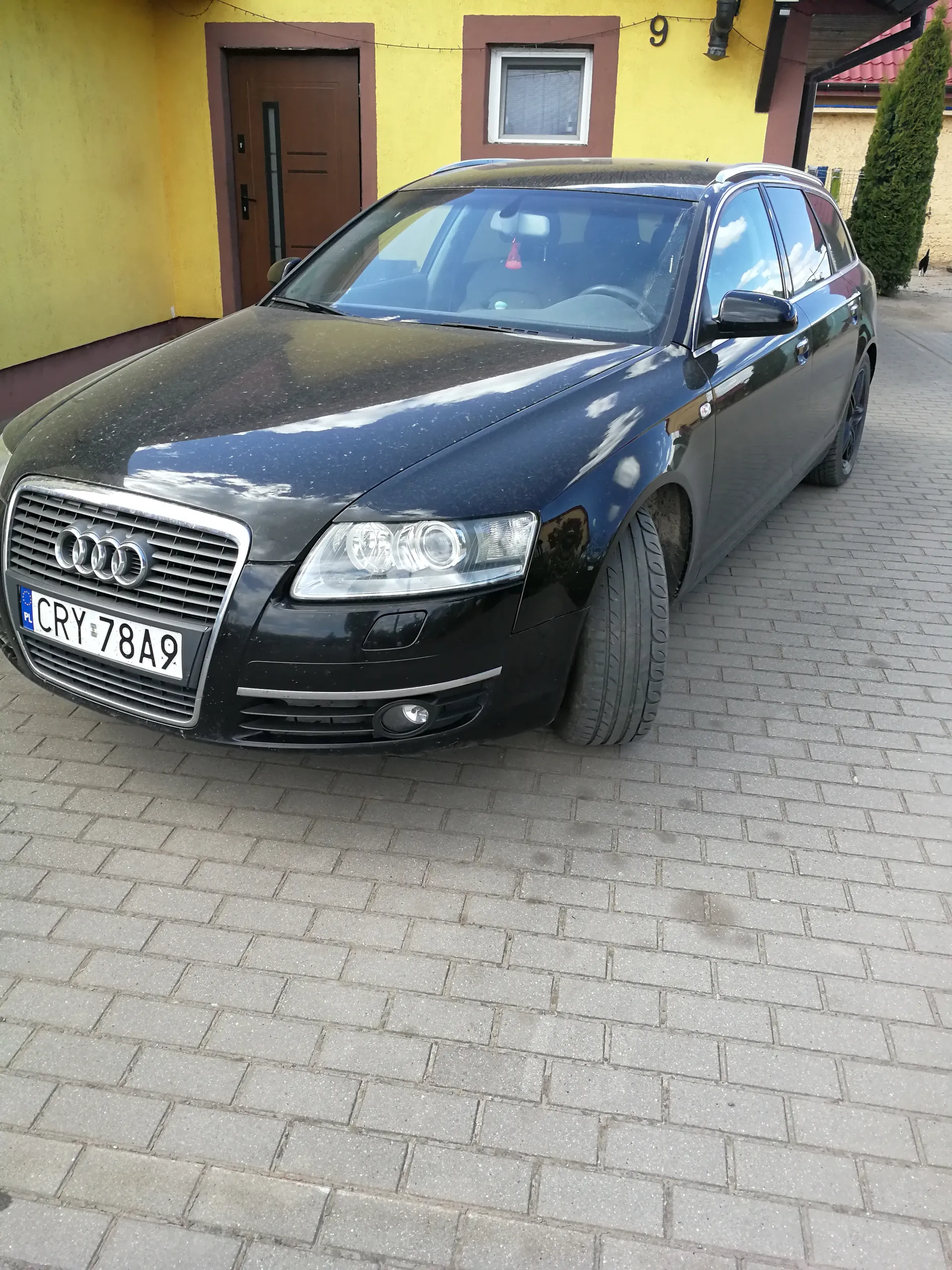 Czarny samochód Audi typu kombi zaparkowany na brukowanym podjeździe przed żółtym domem z brązowymi obramowaniami drzwi i okna. Na budynku widoczny numer 9. Tablica rejestracyjna PL CRY 78A9. W tle drzwi wejściowe, okno oraz zielony krzew po prawej stronie. Podłoga złożona z szarych płytek brukowych.