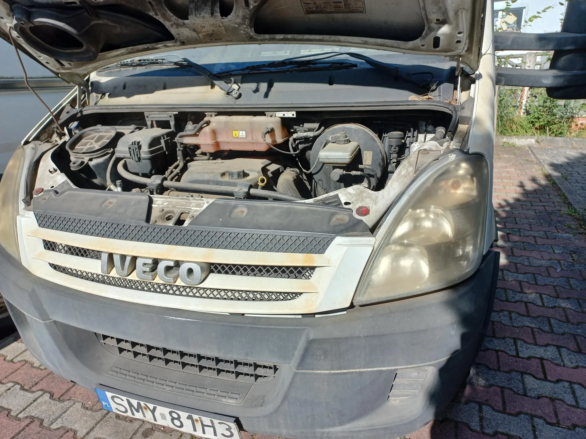 Widok z przodu białego samochodu marki Iveco z otwartą maską, odsłaniającą komorę silnika. Na grillu znajduje się srebrny napis 'IVECO'. Pojazd ma polską tablicę rejestracyjną o numerze SMY 81H3. Samochód stoi na kostce brukowej.