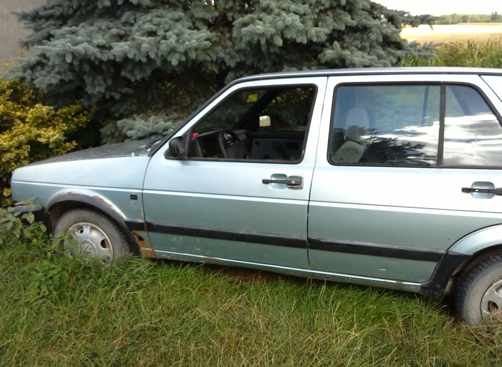 Jasnoniebieski samochód osobowy typu hatchback zaparkowany na trawie przed dużym, gęstym krzewem iglastym. Pojazd posiada widoczne ślady korozji na przednim błotniku oraz na dolnej krawędzi drzwi. Samochód jest pokazany z profilu od strony kierowcy.
