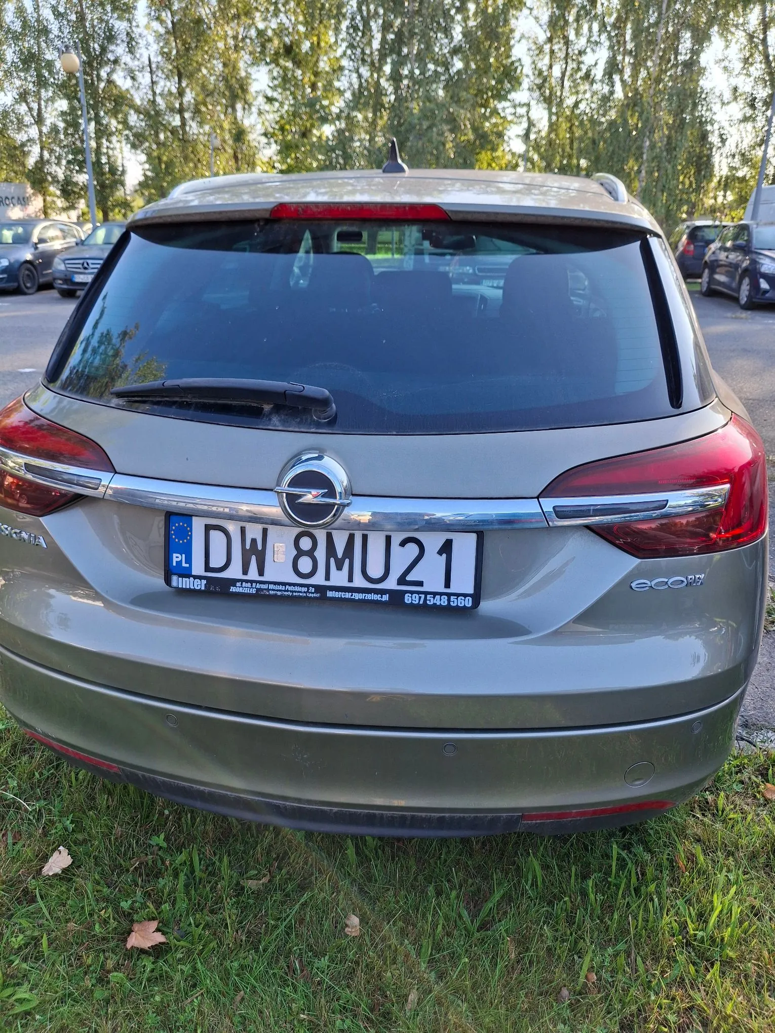Tylny widok szarego samochodu marki Opel zaparkowanego na trawie. Na samochodzie widoczna jest polska tablica rejestracyjna o numerze DW 8MU21. Poniżej tablicy znajduje się ramka z napisami 'Intercar', 'intercar.czarnopolice.pl' oraz numerem telefonu '697 548 560'. W tle widoczne są drzewa i inne zaparkowane samochody.