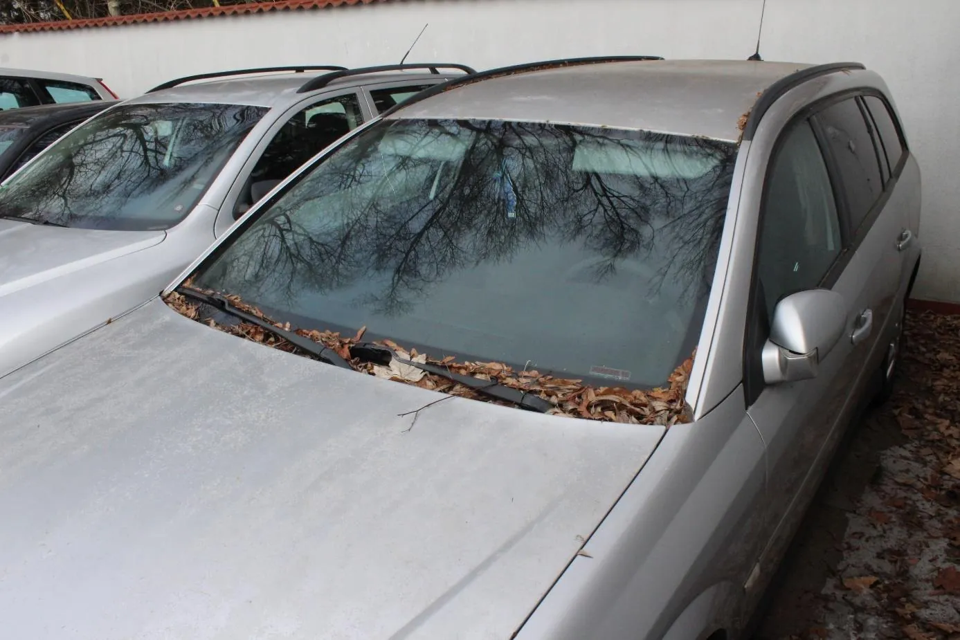 Srebrny samochód typu kombi zaparkowany na otwartym parkingu. Na przedniej szybie i masce widoczne są suche liście. W tle inne zaparkowane samochody, biała ściana oraz drzewa bez liści. Na ziemi leżą suche liście i fragmenty śniegu lub lodu.