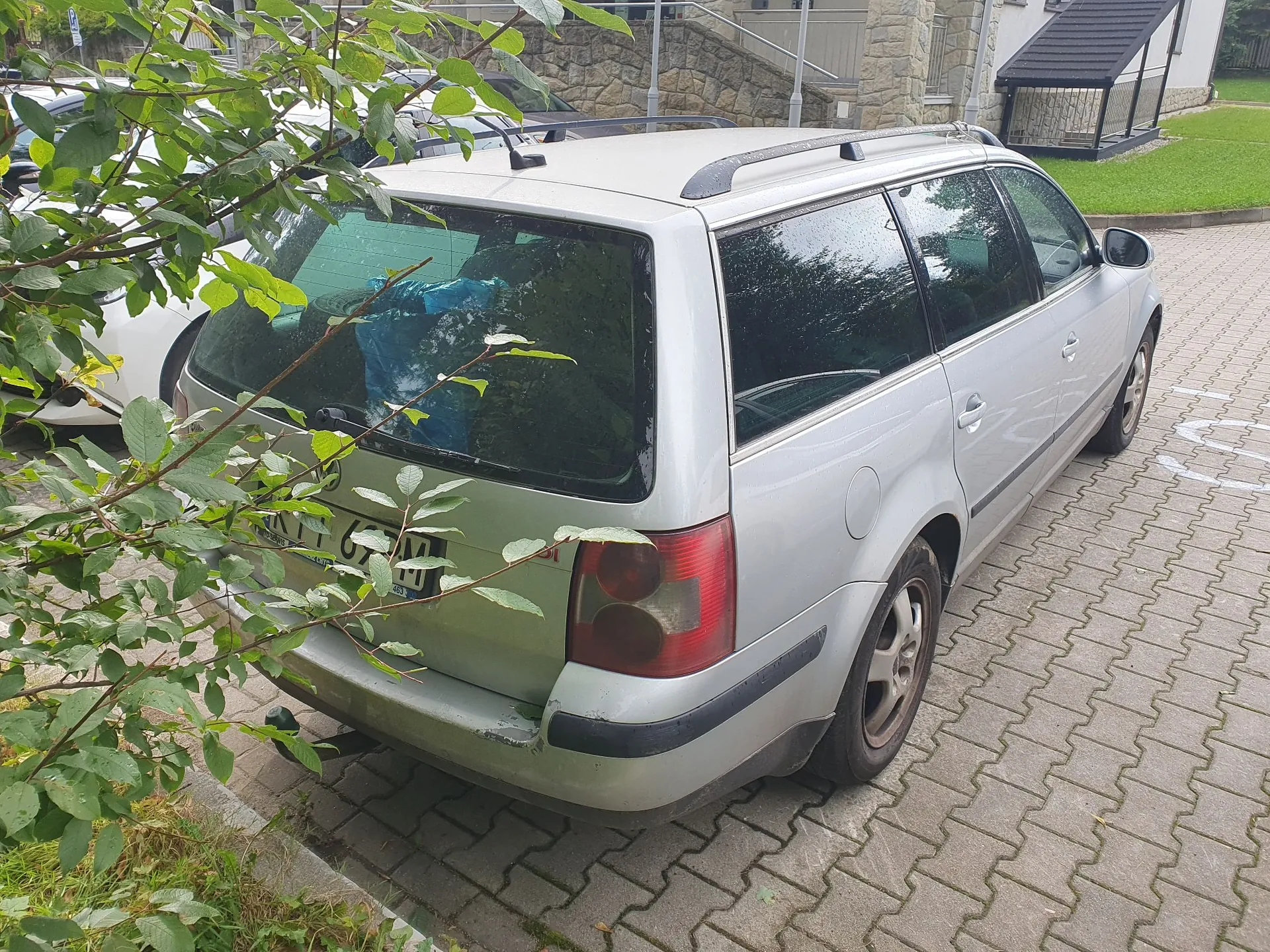 Srebrny samochód typu kombi zaparkowany na kostce brukowej. Pojazd jest widoczny od tyłu i z boku, częściowo zasłonięty przez zielone gałęzie krzewu w lewym dolnym rogu. W tylnej szybie widoczna jest niebieska folia lub materiał. Samochód posiada relingi dachowe i czarne listwy boczne.