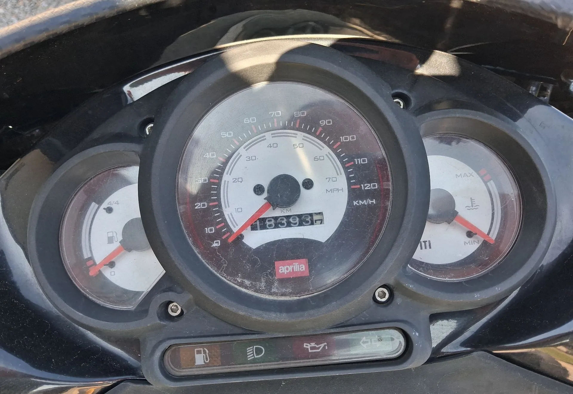 Zbliżenie na deskę rozdzielczą motocykla marki Aprilia. Centralny prędkościomierz wskazuje prędkość w km/h i mph, z licznikiem przebiegu wyświetlającym wartość 8393. Po lewej stronie znajduje się wskaźnik poziomu paliwa, a po prawej wskaźnik temperatury silnika. Na dole panelu widoczne są kontrolki: ikona stacji paliw, świateł oraz kontrolka ciśnienia oleju.