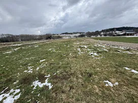 Rozległe pole trawiaste z resztkami śniegu, pochmurne niebo z ciężkimi chmurami, w oddali budynki i drzewa. Horyzont jest poziomy, a całość ułożona naturalnie.
