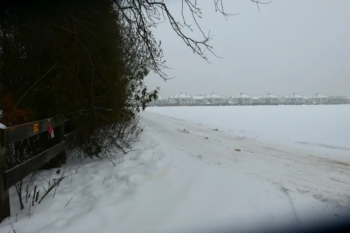 Zimowy krajobraz przedstawiający zaśnieżoną drogę prowadzącą w stronę rzędu białych domów w oddali. Po lewej stronie znajduje się ciemny pas gęstych krzewów i drzew oraz fragment drewnianego ogrodzenia. Niebo jest zachmurzone i szare, a cała scena jest pokryta grubą warstwą śniegu.