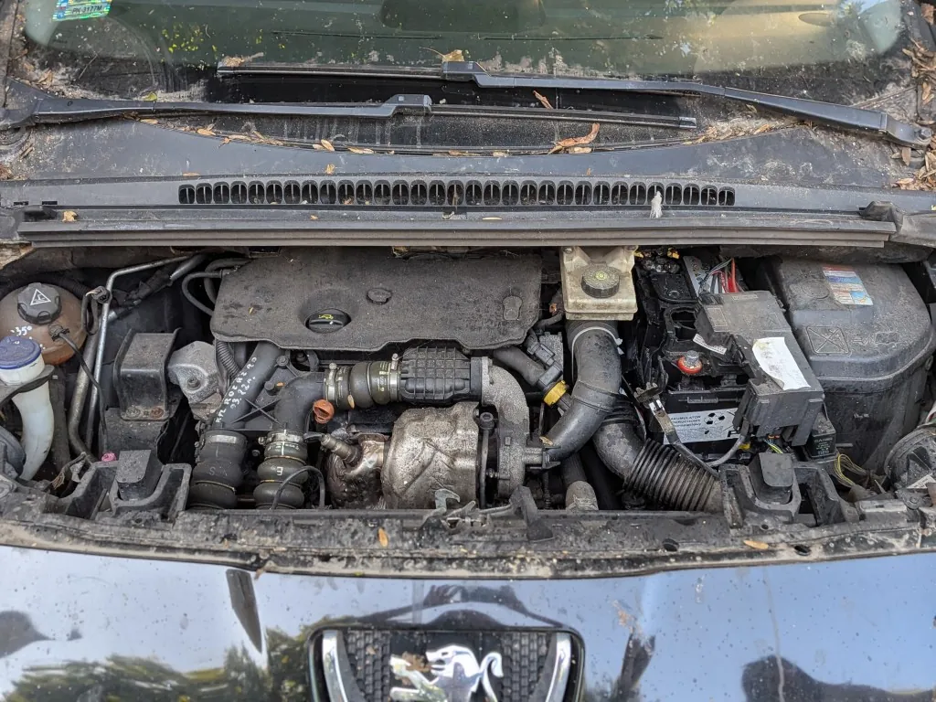 Widok z góry na otwartą maskę samochodu marki Peugeot, ukazujący brudny silnik spalinowy z widocznymi przewodami, wężami gumowymi, akumulatorem po prawej stronie oraz zbiornikiem płynu po lewej. Na dole zdjęcia widoczny jest fragment czarnego zderzaka z logo lwa Peugeot.