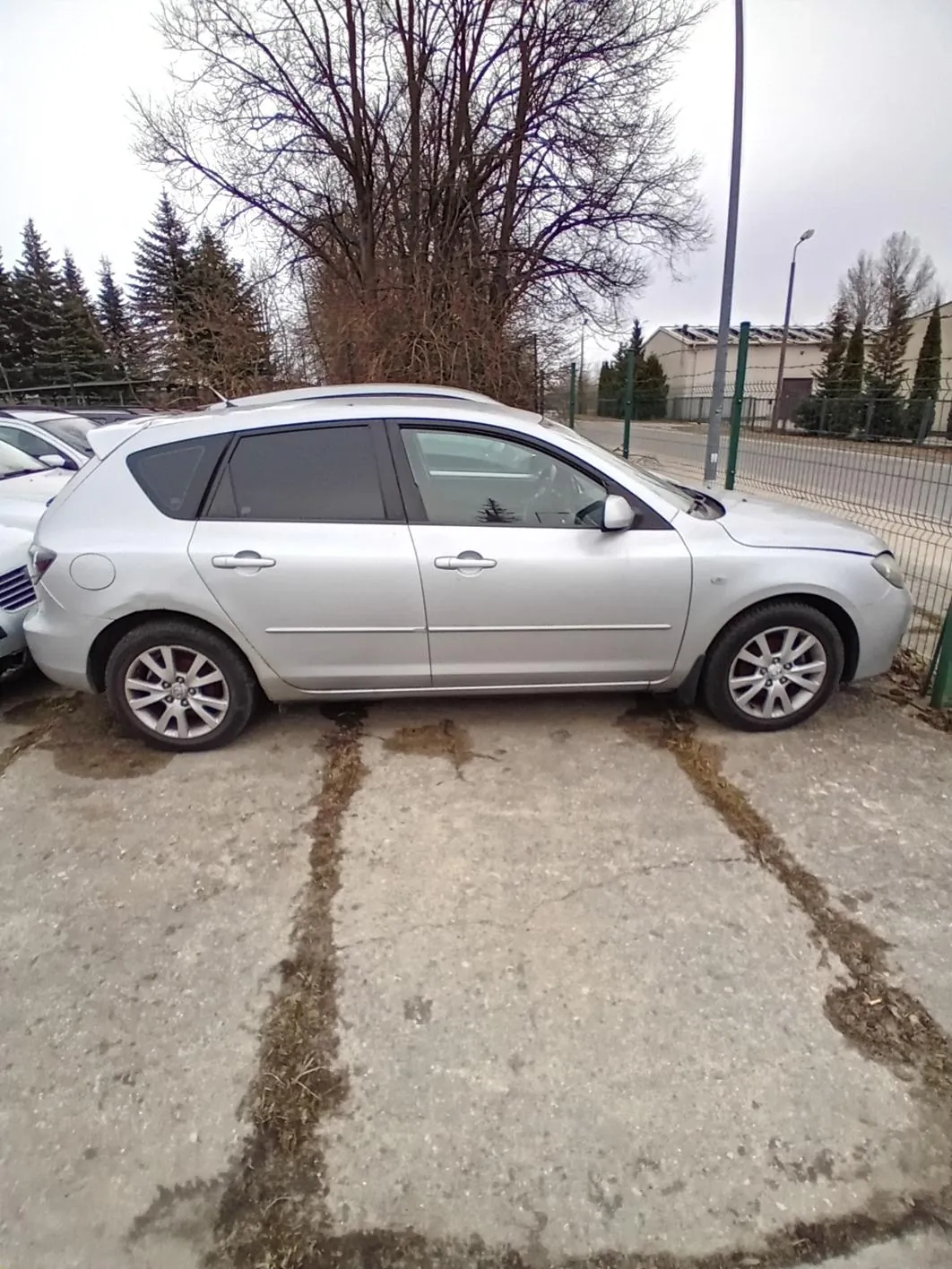 Srebrny samochód typu kombi zaparkowany na betonowym placu parkingowym. W tle widoczne są drzewa bez liści, iglaste drzewa, ogrodzenie z siatki, słup latarni oraz budynek. Niebo jest zachmurzone. Na betonie znajdują się brązowe plamy i ślady. Po lewej stronie częściowo widoczny jest inny samochód.