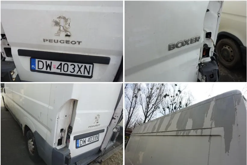 Kolaż czterech zdjęć białego furgonu Peugeot Boxer. Góra lewo: tył z logo Peugeot i tablicą rejestracyjną PL DW 403XN. Góra prawo: bok z napisem 'BOXER'. Dół lewo: tył i bok furgonu z tablicą rejestracyjną DW 403XN. Dół prawo: bok z widocznymi uszkodzeniami lakieru w postaci szarych plam. Wszystkie elementy są prawidłowo zorientowane.