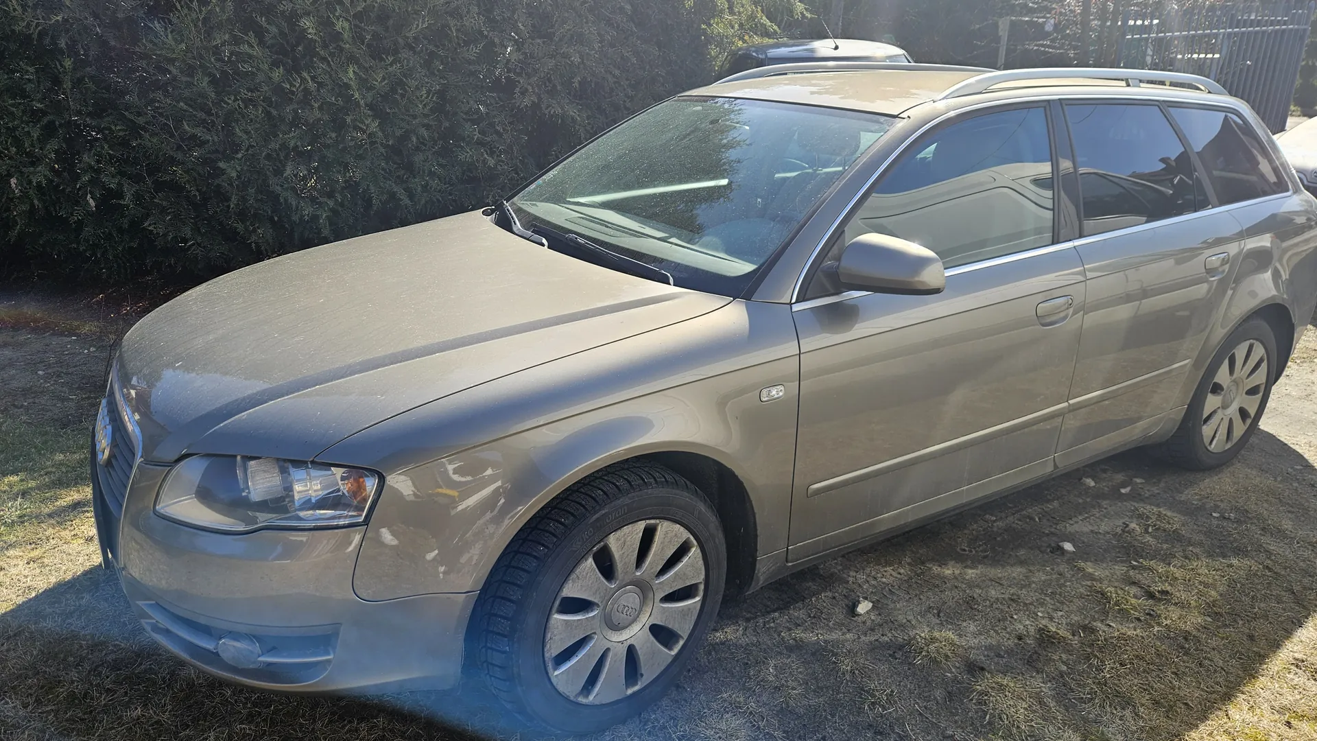 Srebrny samochód osobowy typu kombi marki Audi zaparkowany na trawiastym i częściowo ziemistym terenie. W tle widoczne są zielone krzewy, metalowe ogrodzenie oraz drugi samochód. Opony mają widoczne śladami brudu, a na przednim błotniku znajduje się logo Audi. Światło słoneczne rzuca cienie na powierzchnię ziemi.