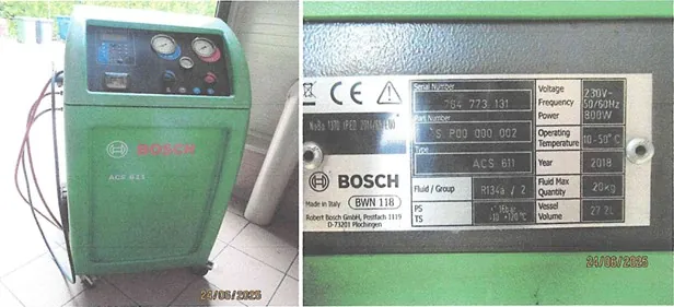 Obraz przedstawia dwie części: po lewej zielony aparat serwisowy marki BOSCH z modelu ACS 611, wyposażony w manometry, przyciski i przewody, z widocznym logo BOSCH oraz napisem 'Made in Italy'. Po prawej zbliżenie na tabliczkę znamionową z danymi technicznymi: numer seryjny '764 773 131', model 'BWN 118', napięcie '230V~', częstotliwość '50/60Hz', temperatura pracy '10-50°C', rok produkcji '2018', oraz inne parametry. Tekst na tabliczce jest czytelny i ułożony poziomo.