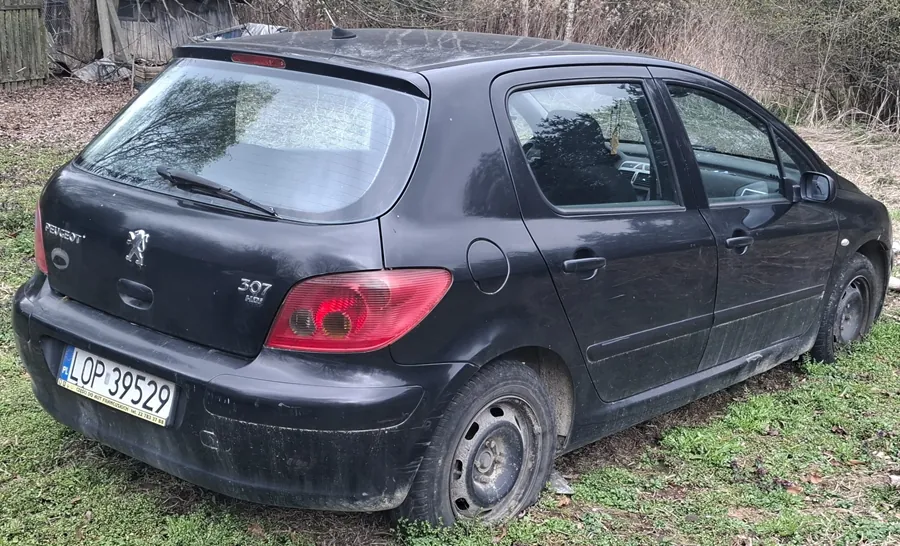 Czarny samochód osobowy Peugeot 307 zaparkowany na trawie. Widoczne są zanieczyszczenia na karoserii, czerwone światła tylne oraz tablica rejestracyjna z numerem LOP 39529. W tle drzewa i drewniany płot. Samochód znajduje się na nieutwardzonej powierzchni z trawą i suchymi liśćmi.