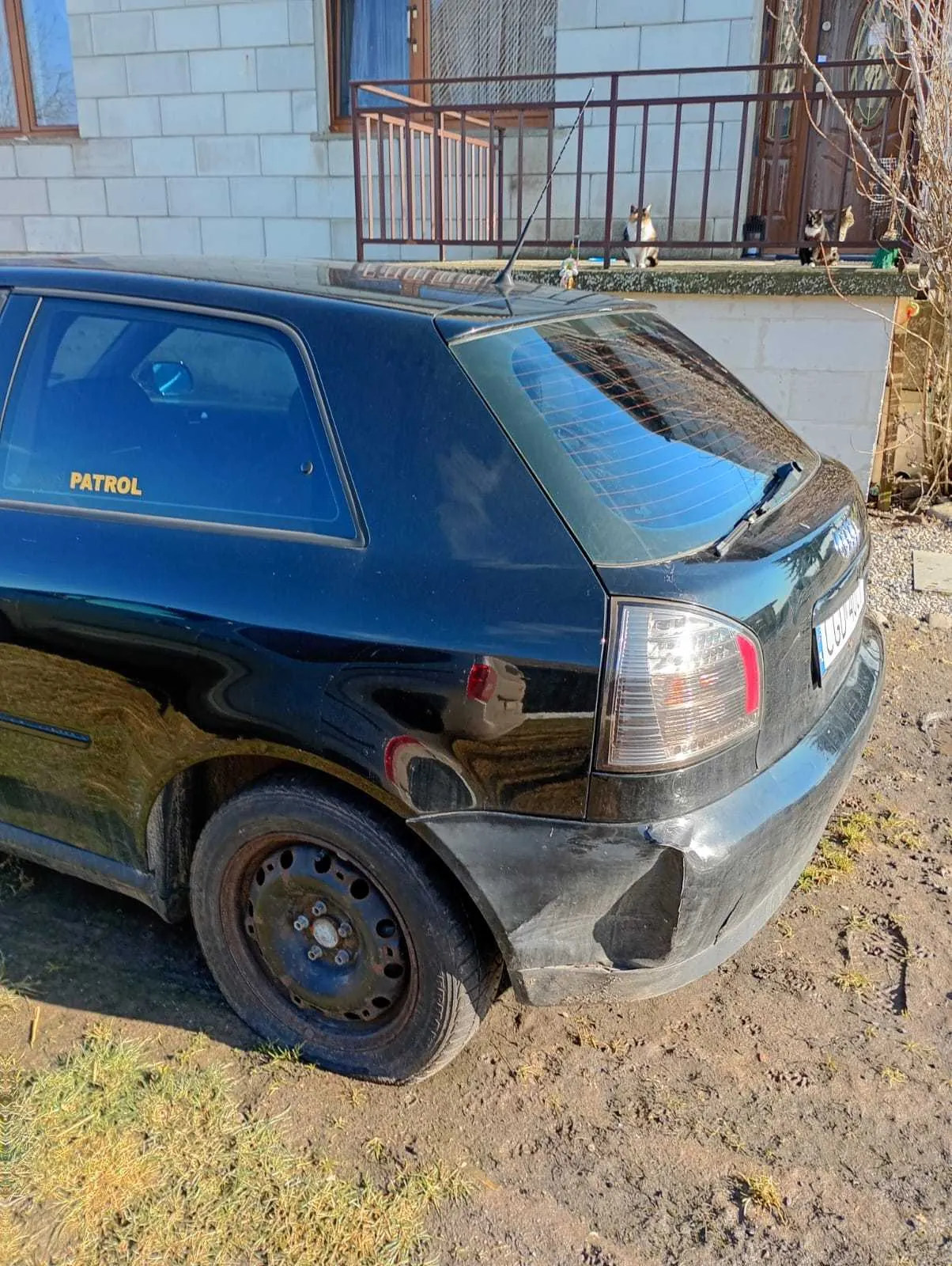 Ciemnoniebieski samochód osobowy typu hatchback z widocznym napisem 'PATROL' na tylnej szybie. Samochód ma uszkodzony tylny zderzak i zardzewiałą felgę. W tle budynek z białą elewacją z bloków betonowych, oknami oraz balkonem z metalowym ogrodzeniem. Na parapecie balkonu znajdują się dwa koty. Podłoga składa się z ziemi i fragmentów trawy.