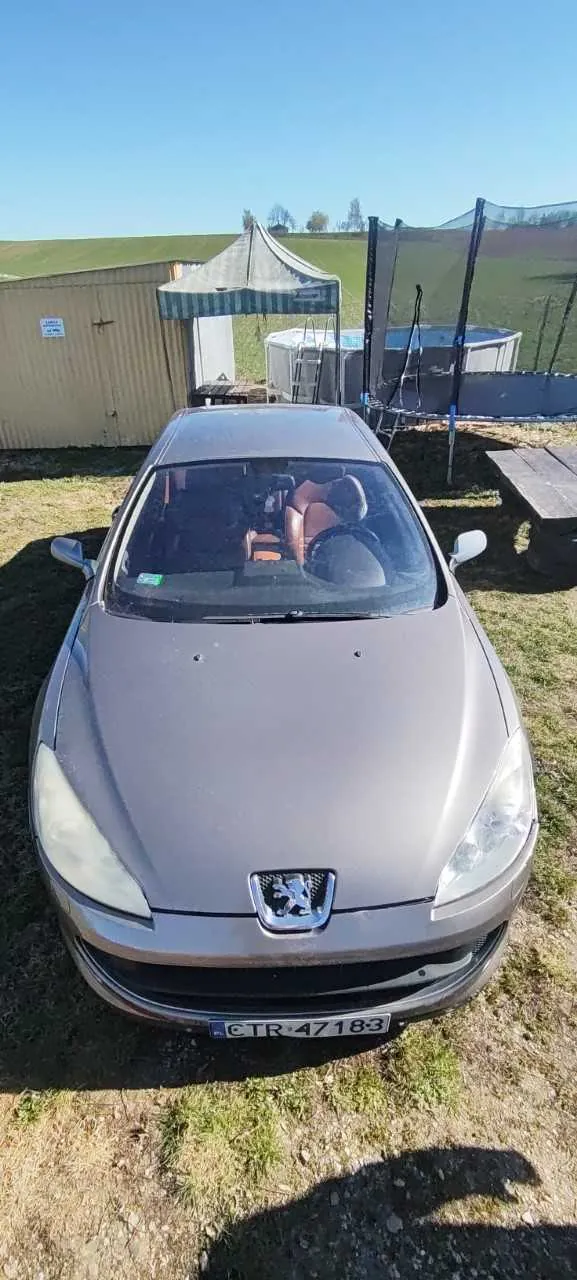 Samochód marki Peugeot w kolorze szarym, widok od przodu. Tablica rejestracyjna CTR 47183. W tle: metalowy domek, namiot z daszkiem w paski, trampolina, basen oraz zielone pola. Niebo bezchmurne. Na szybie przedniej widoczne siedzenia w kolorze brązowym.