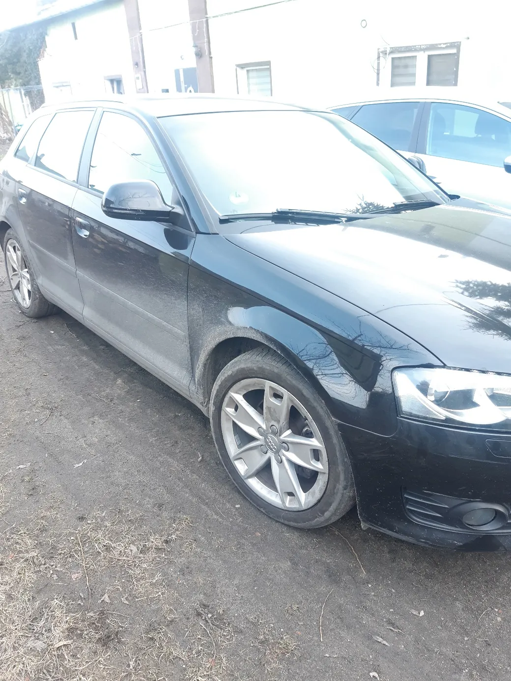 Czarny samochód marki Audi zaparkowany na brudnej nawierzchni z suchą trawą i śmieciem. Widoczne przednie koło z aluminiową felgą, reflektory oraz przednia szyba. W tle białe budynki z oknami. Samochód i budynki są ustawione pionowo względem krawędzi obrazu.