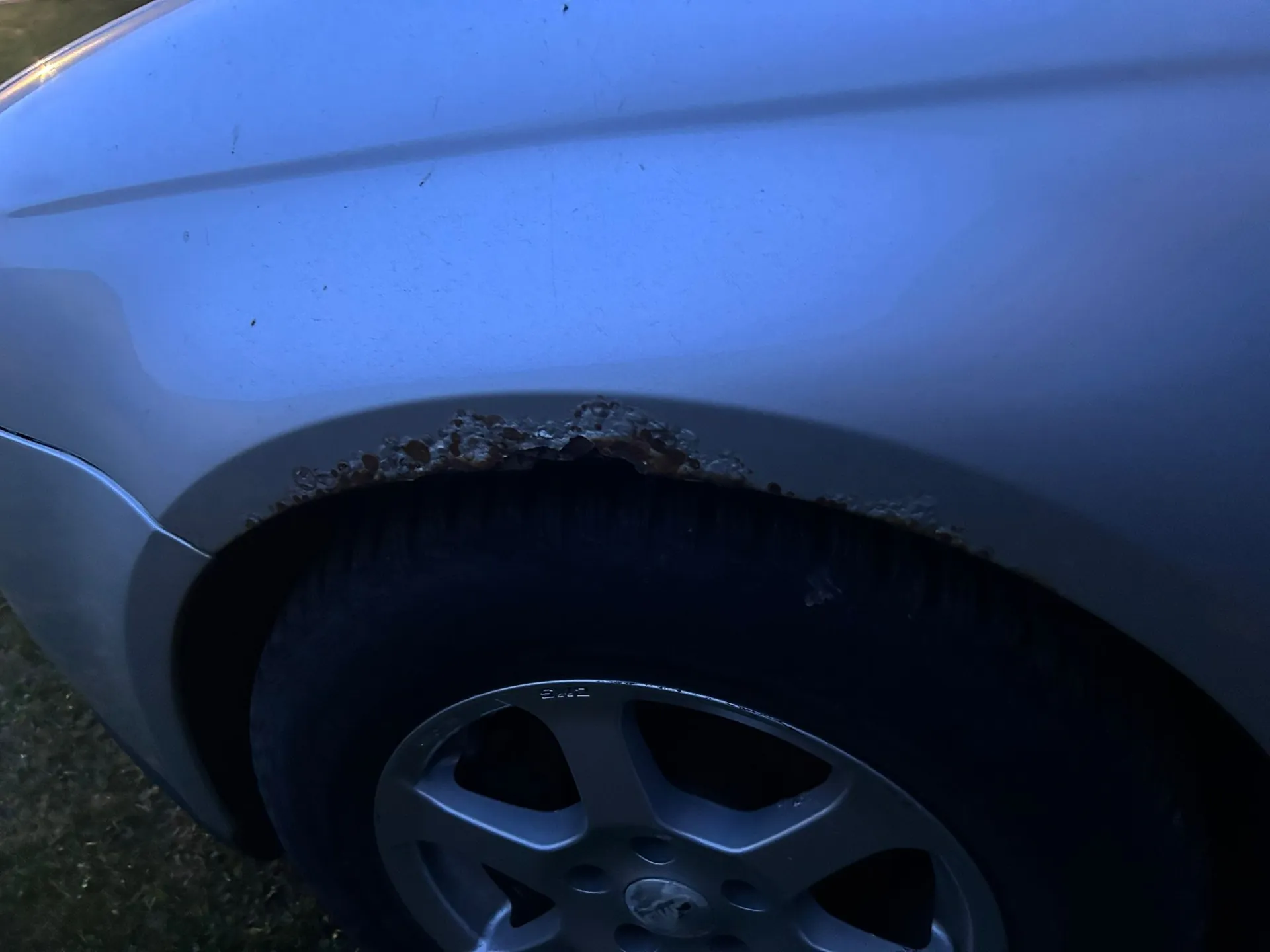 Zbliżenie na srebrny błotnik samochodu nad przednim kołem. Krawędź nadkola jest silnie skorodowana, z widocznymi brązowymi odpryskami rdzy i ubytkami w lakierze. W dolnej części obrazu widoczny jest fragment czarnej opony oraz srebrna felga aluminiowa z pięcioma ramionami.