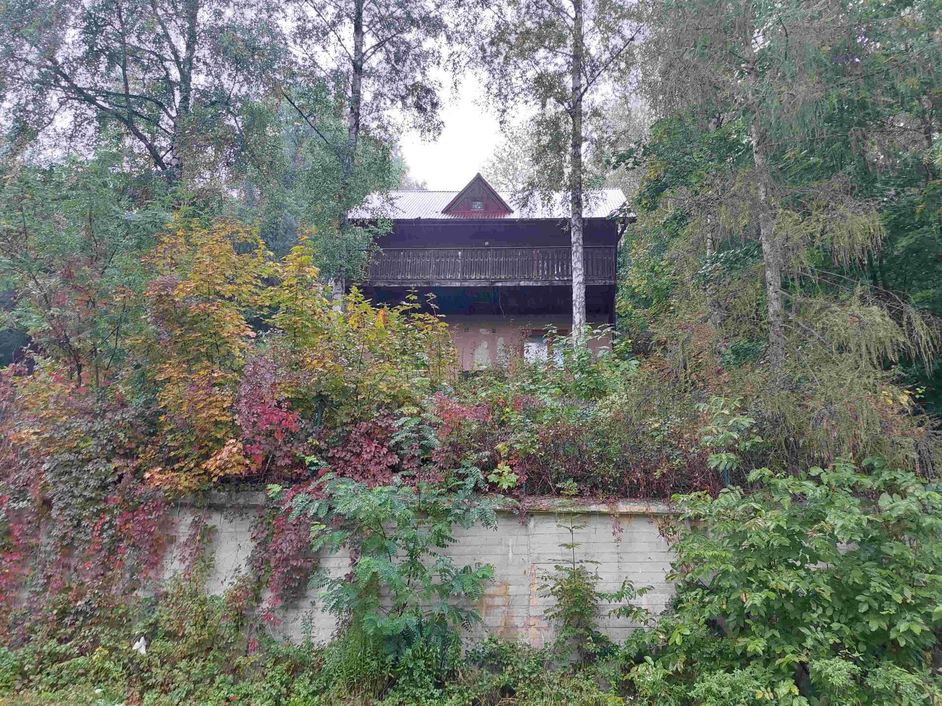 Dwupiętrowy dom z metalowym dachem i drewnianym balkonem na pierwszym piętrze, otoczony gęstym lasem i roślinnością. Przed domem znajduje się betonowa ściana porośnięta pnączami o kolorach jesiennych liści (czerwonych, żółtych i zielonych). W tle widoczne wysokie drzewa, a niebo jest pochmurne. Dom ma ceglaną fasadę z widocznymi śladami starzenia się.
