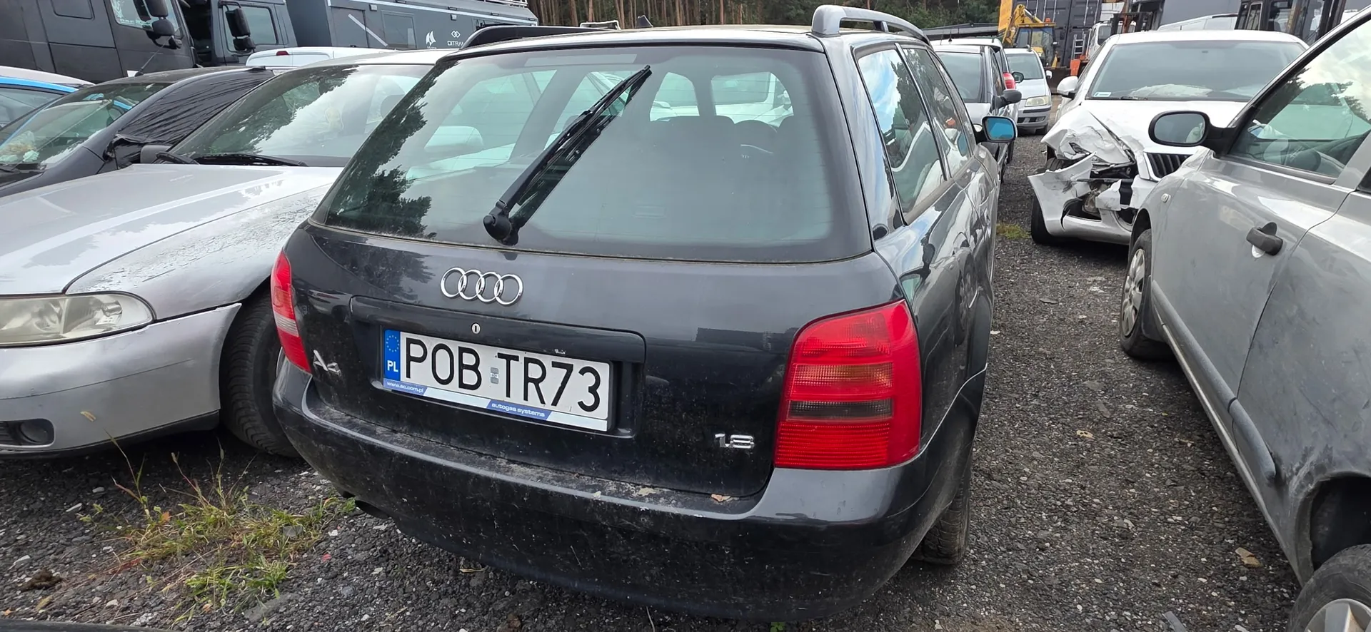 Widok z tyłu czarnego samochodu marki Audi w nadwoziu kombi, zaparkowanego na placu z innymi uszkodzonymi pojazdami. Samochód ma polską tablicę rejestracyjną o numerze POB TR73. Na tylnej szybie znajduje się wycieraczka. Po lewej stronie stoi srebrny samochód, a po prawej biały i srebrny pojazd z widocznymi uszkodzeniami karoserii.