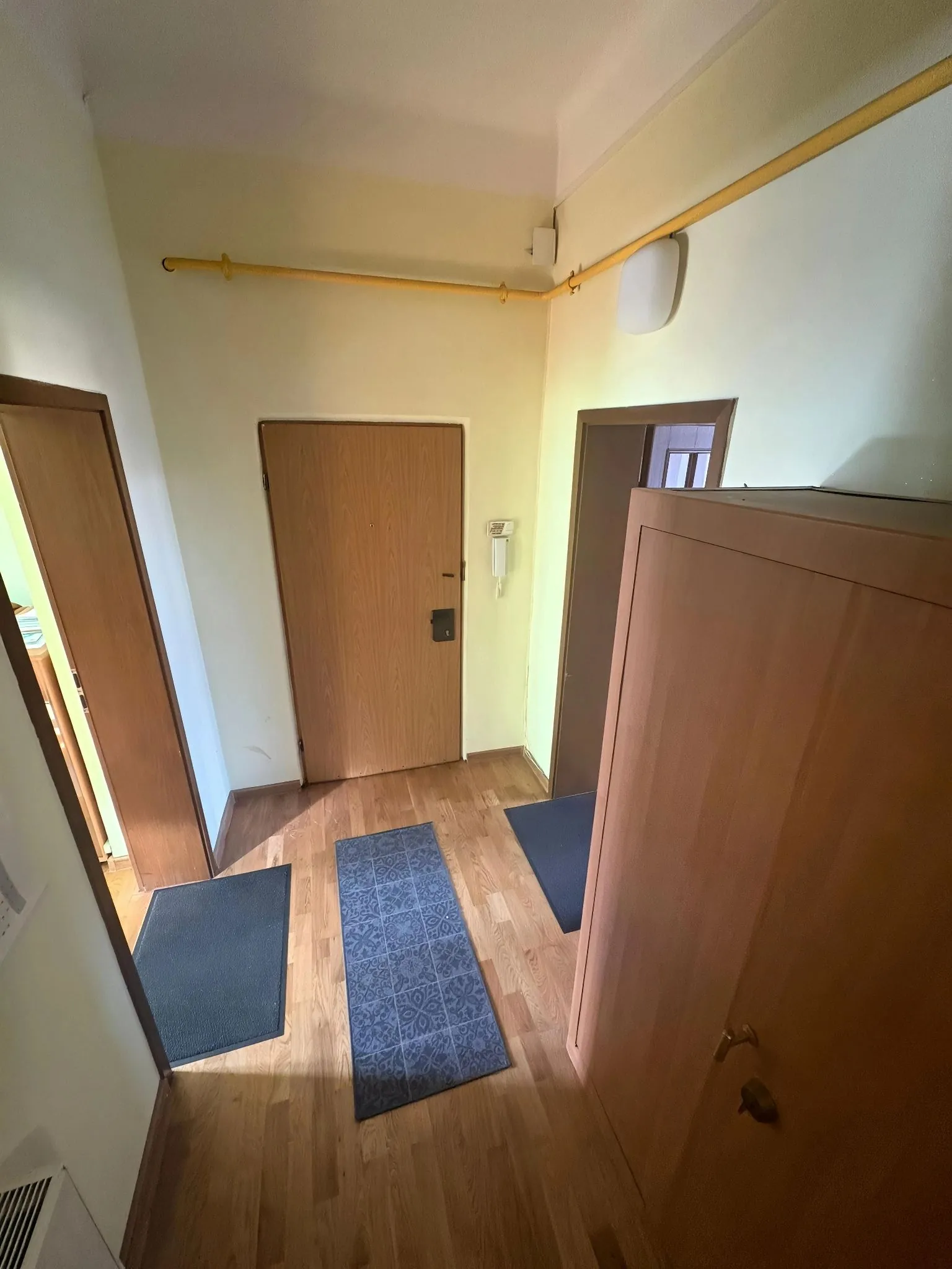 Wnętrze wąskiego przedpokoju z drewnianą podłogą. W centrum znajduje się zamknięte, drewniane drzwi wejściowe. Po lewej stronie widoczne są kolejne drewniane drzwi, a po prawej duża, drewniana szafa. Na podłodze leżą dwie niebieskie wycieraczki. W górnej części ściany przebiega pozioma, żółta rura gazowa.