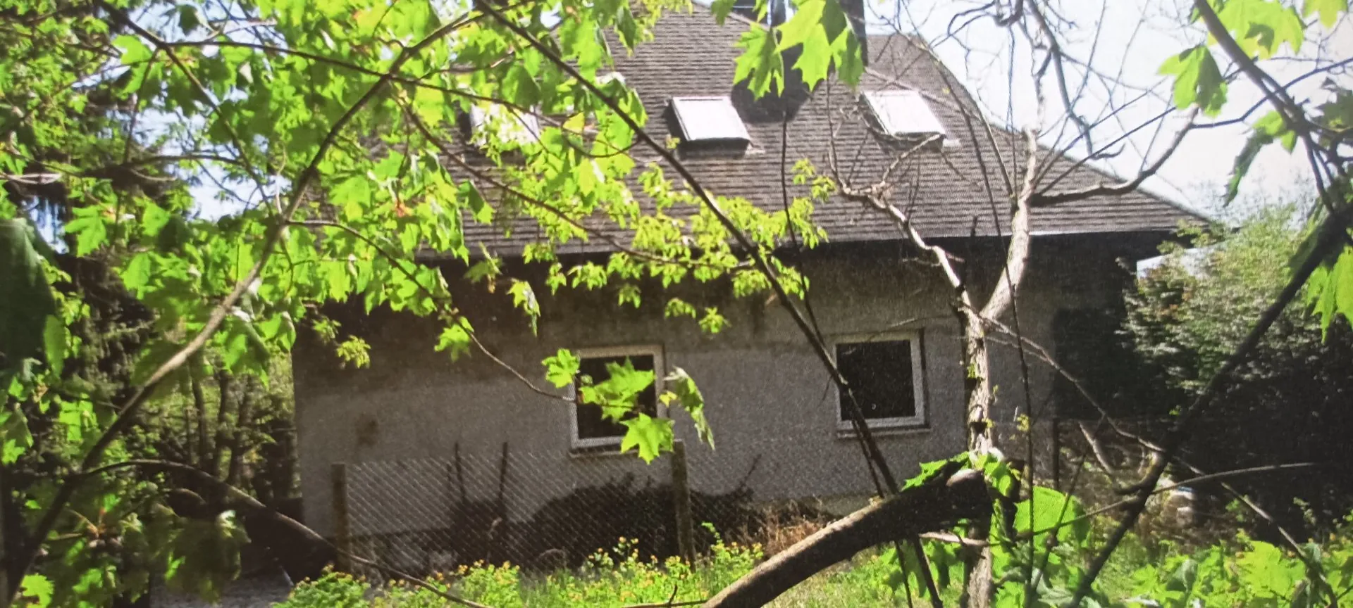 Zdjęcie domu z szarymi ścianami i ciemnym, spadzistym dachem z oknami dachowymi. Budynek jest częściowo zasłonięty przez zielone liście i gałęzie drzew na pierwszym planie. W ścianie domu widoczne są dwa małe, kwadratowe okna.