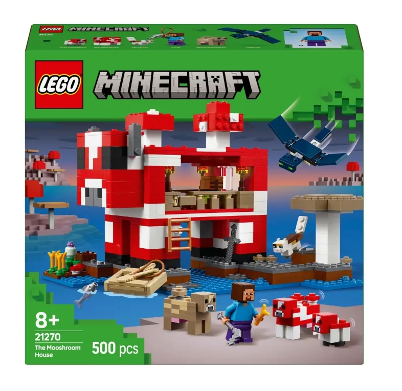Opakowanie zestawu LEGO Minecraft o numerze 21270 o nazwie 'The Mooshroom House'. Na pudełku widnieje duży czerwono-biały dom w kształcie grzyba (Mooshroom), zbudowany z klocków. Wokół domu znajdują się figurki postaci Steve'a, owieczki oraz małe czerwono-białe grzybowe krowy. W tle widać niebieską wodę, latającego niebieskiego smoka oraz inne elementy krajobrazu z gry Minecraft. W lewym dolnym rogu znajduje się napis '8+', numer zestawu '21270', nazwa 'The Mooshroom House' oraz informacja o liczbie elementów '500 pcs'.
